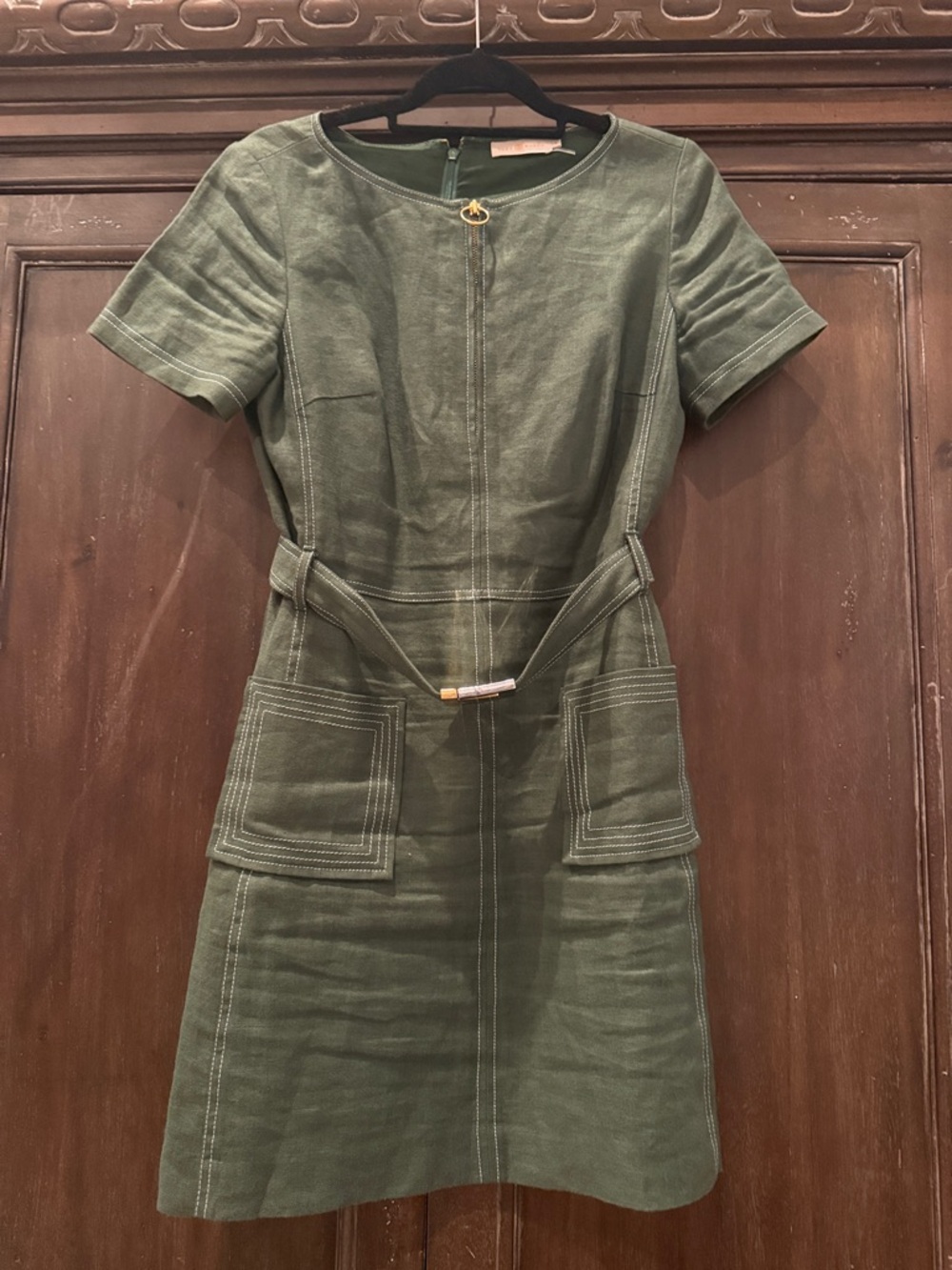 Tory Burch Olive Green Short-Sleeve Mini Dress with Contrast Topstitching